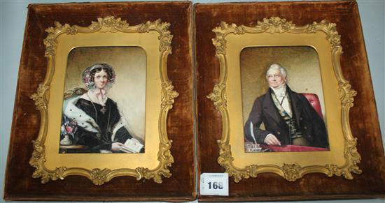 19C English School, oil on ivory, portraits of a lady and a gentleman, a pair